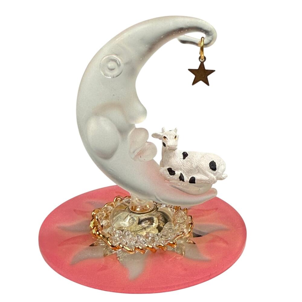 Cow on Crescent Moon Figurine Celestial Star Pink Frosted Glass Whimsical Decor
